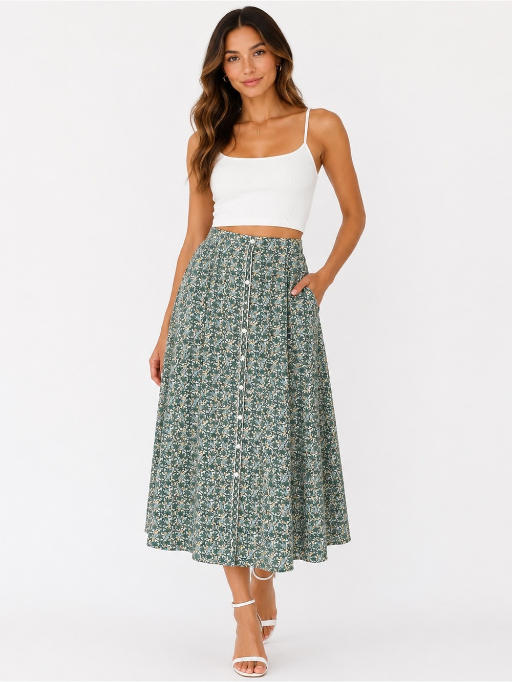 Max Studio Green Floral Button-Front Midi Skirt